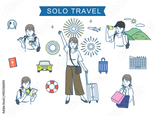 夏旅、一人旅を楽しむ若い女性のイラストセット