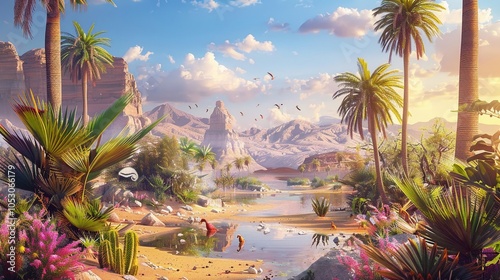 A fantasy scene of a mystical desert oasis