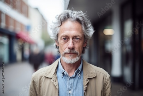 Portrait of senior man with grey hair in a city street.