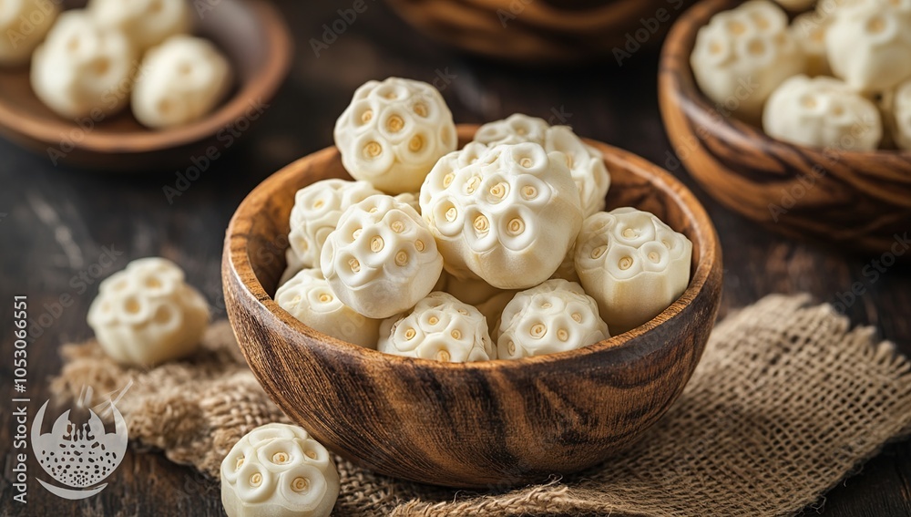 Fototapeta premium A wooden bowl filled with white lotus seeds on a rustic wooden table.