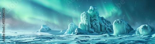 A frozen landscape under the aurora borealis