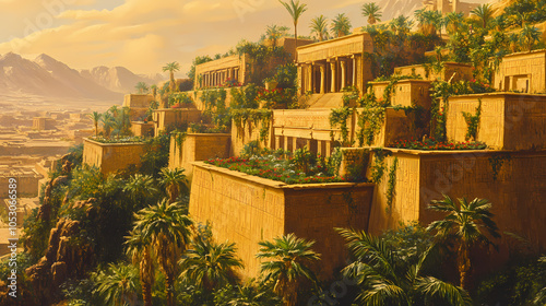 Hanging gardens of babylon oasis. Ancient Babylonian City. Illustration photo