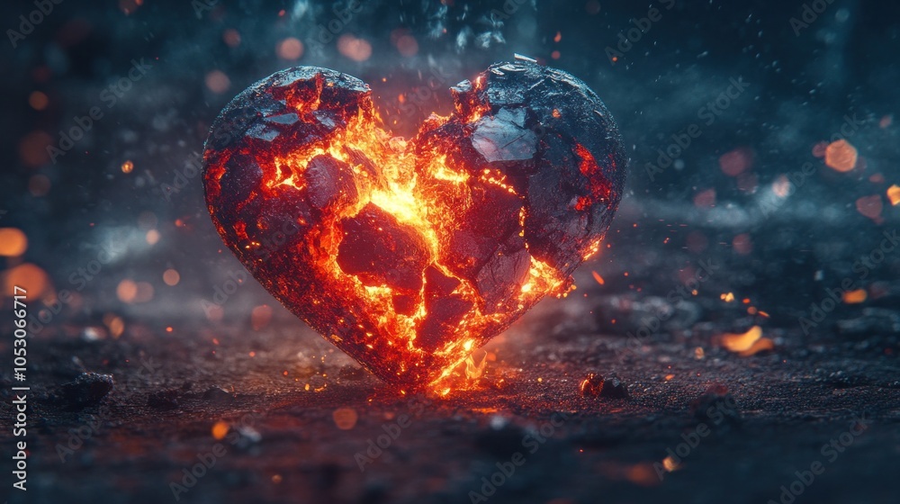 Glowing heart breaking apart. Depicts emotional turmoil. Passionate imagery. Glowing heart breaking apart. Depicts emotional turmoil. Passionate imagery.