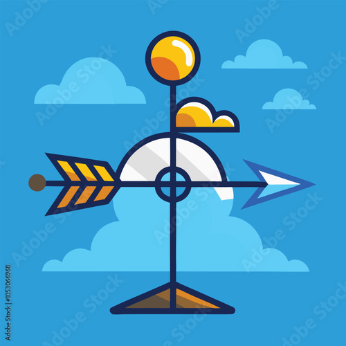 A stylized illustration of a weather vane against a blue sky with clouds.