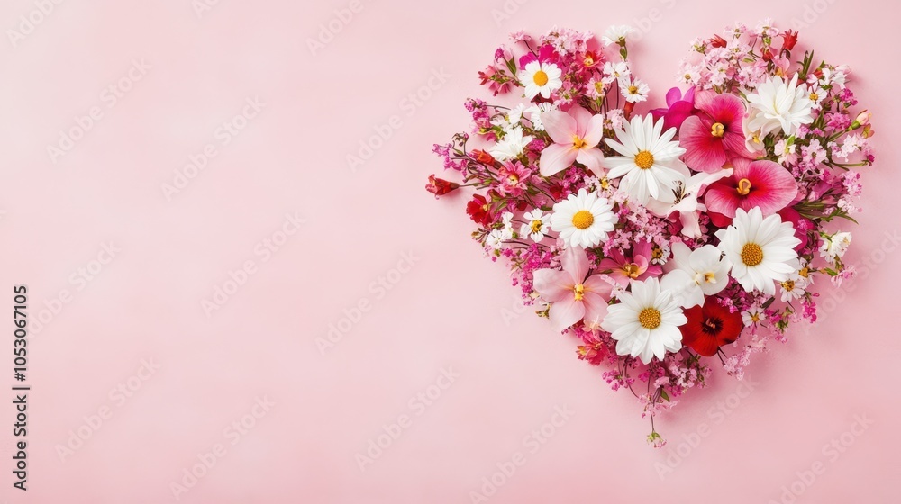 Heart-shaped arrangement of pink flowers, including orchids and gerberas, on a soft pastel pink background, symbolizing love and elegance. Heart-shaped arrangement of pink flowers, including orchids and gerberas, on a soft pastel pink background, symbolizing love and elegance.