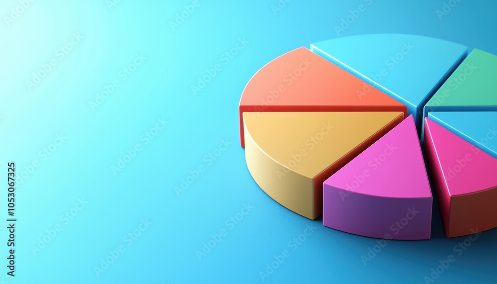 Obraz premium A colorful pie chart with segments in various shades, set against a gradient blue background, representing data visualization.