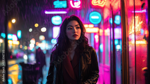 Young woman in neon-lit city street at night with colorful lights and reflections