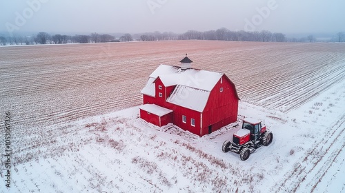 Red Barn and Tractor in a Snowy Field photo