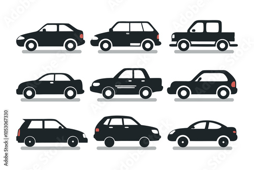 A set of simple and clean car silhouettes, perfect for websites, apps, or infographics related to transportation, vehicles, or automotive industry.