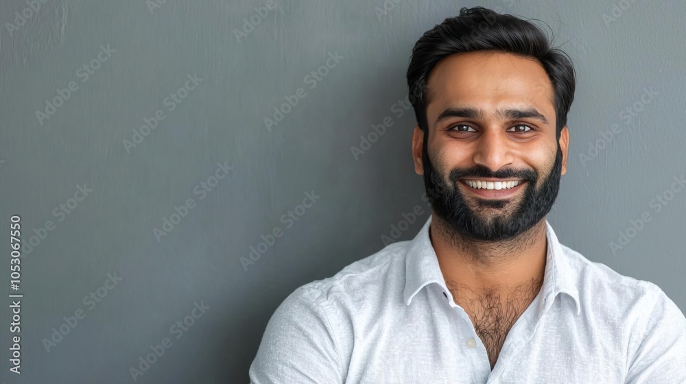 Fototapeta premium Smiling bearded Indian businessman, a small business owner, confidently looking at the camera in his office..