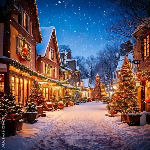 Christmas evening in a quaint, snowy village square