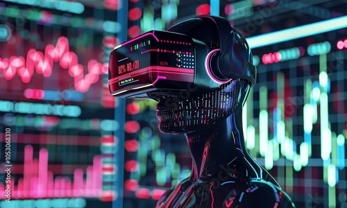 Digital stock market concept with virtual reality glasses and financial chart on dark background, detailed illustration of person wearing VR headset in front of digital world map showing candlestick 