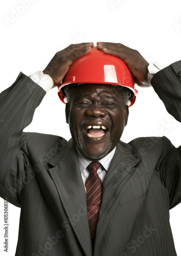 Cheerful black businessman in red hard hat laughing isolated on white background photo