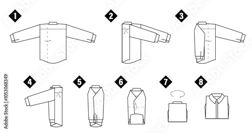 Instructions on how to fold shirt. Black and white line art step-by-step illustration. Life hack about clothes.
