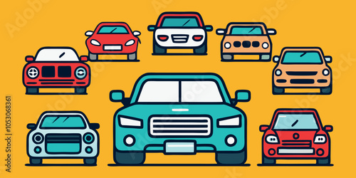 A set of colorful and easily customizable car clipart, suitable for a variety of design projects. Can be used as logos, icons, or graphic elements.