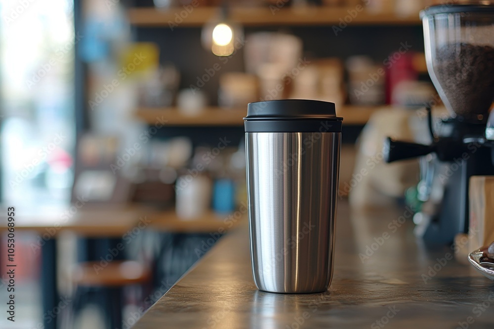 A sleek stainless steel travel mug sits on a caf? counter, suggesting a moment of relaxation or enjoyment of a warm beverage. A sleek stainless steel travel mug sits on a caf? counter, suggesting a moment of relaxation or enjoyment of a warm beverage.