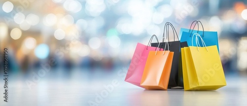 Colorful shopping bags against a blurred background, perfect for showcasing shopping themes and retail promotions. photo