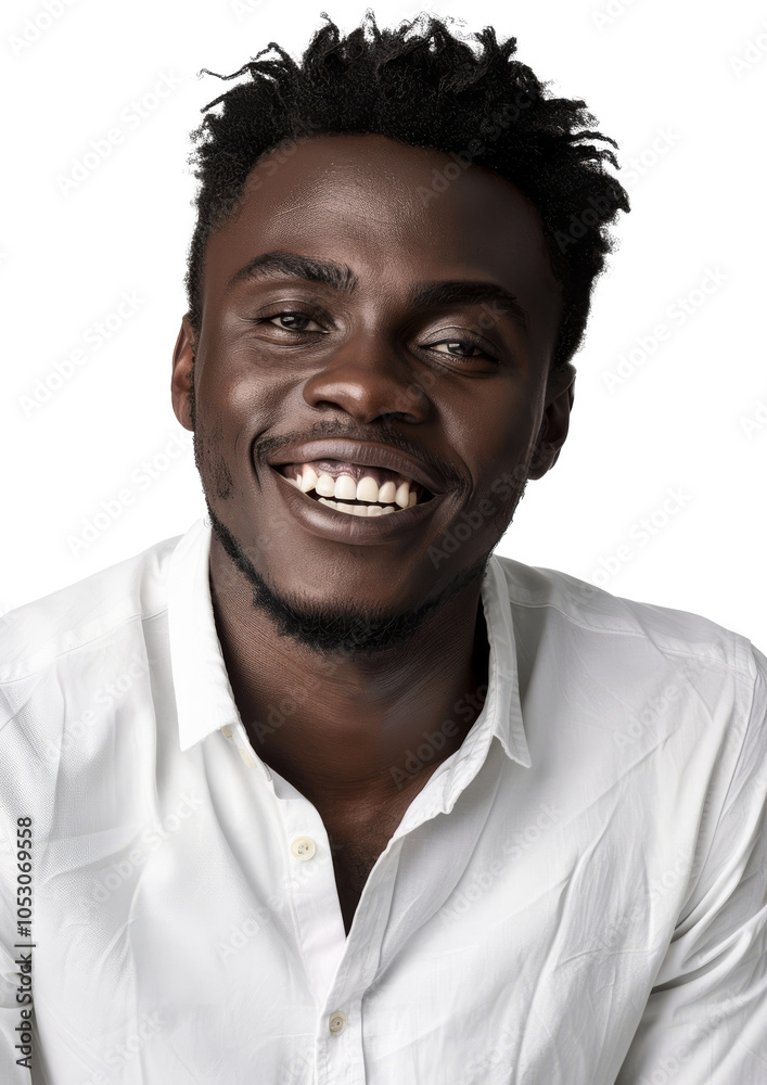 Obraz premium Smiling African American man in white shirt, close-up isolated on white background.