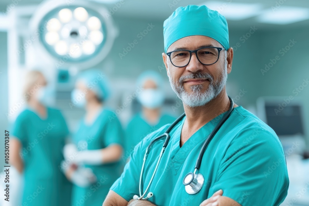 Confident surgeon in scrubs stands in operating room, showcasing teamwork and professionalism in a medical environment. Confident surgeon in scrubs stands in operating room, showcasing teamwork and professionalism in a medical environment.