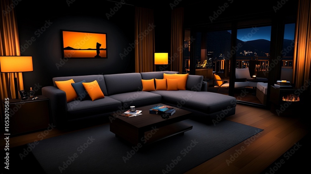 Cozy Modern Living Room: Warm and inviting, this sleek, modern living room features a plush sectional sofa, a coffee table, and warm lighting. Cozy Modern Living Room: Warm and inviting, this sleek, modern living room features a plush sectional sofa, a coffee table, and warm lighting.
