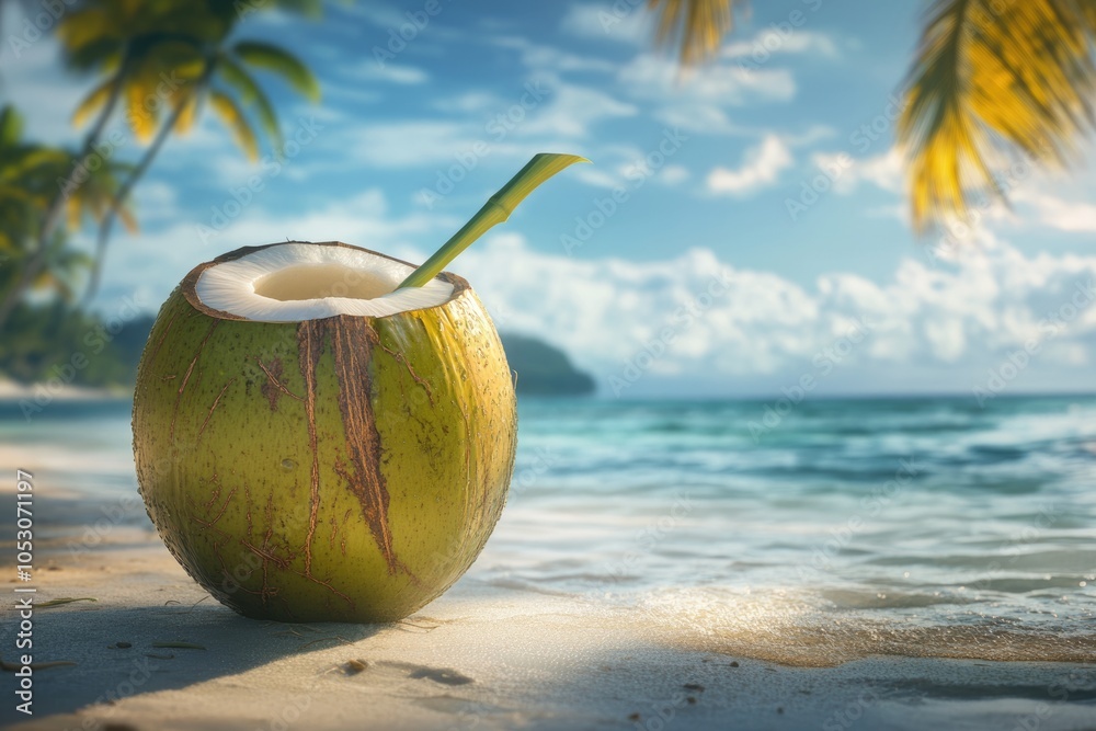drinking king coconut with beautiful sandy beach in background. drinking king coconut with beautiful sandy beach in background.