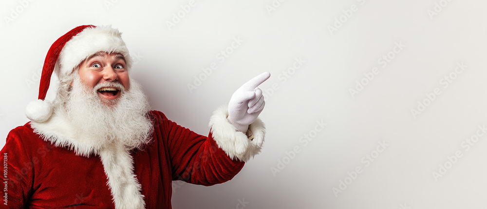 Cheerful and surprised Santa Claus points with his finger white gloved hand in a red fur santa costume from an corner on a clean white background Cheerful and surprised Santa Claus points with his finger white gloved hand in a red fur santa costume from an corner on a clean white background