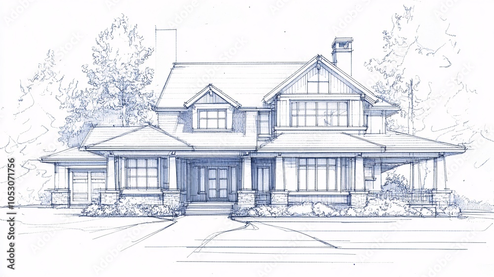 Architectural Sketch of a Two-Story House with Porch and Landscaping Architectural Sketch of a Two-Story House with Porch and Landscaping
