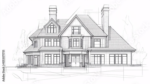 Architectural Sketch of a Large Two-Story House