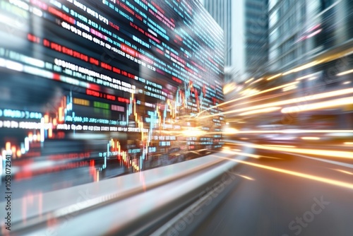 Dynamic cityscape with abstract data visualization and blurred lights, showcasing technology and fast-paced finance environment.