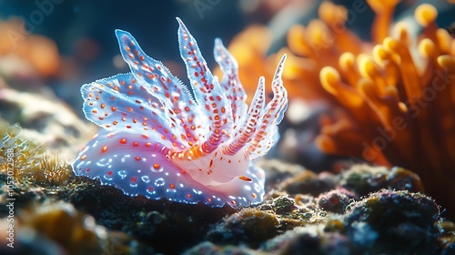 Closeup of a nudibranch crawling along a coral reef surrounded by aquatic plants and marine life as the tide gently moves the vibrant corals in a peaceful underwater world photo