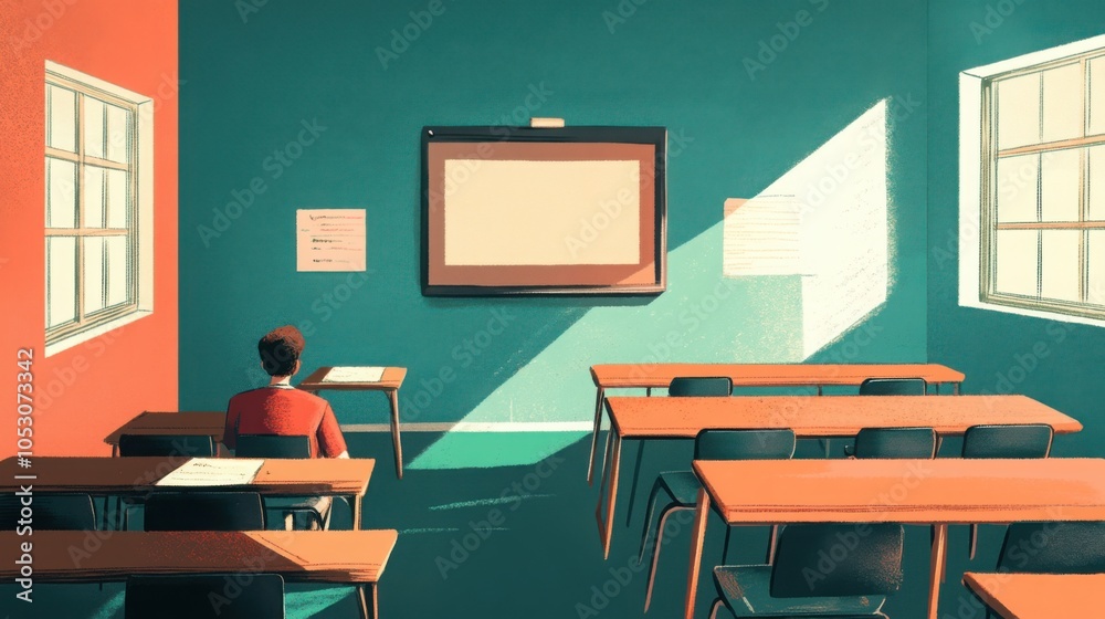 A quiet classroom, with a lone teacher using technology to engage students A quiet classroom, with a lone teacher using technology to engage students