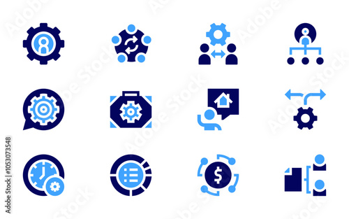 Business management icon set. Bold style. Duotone colors. work in progress, realtor, management, team management, manager, skills, clock, allocation