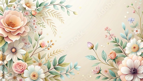 A beautiful floral motif with delicate petals and stems in pastel hues, set against a soft cream-colored background, elegant, feminine, floral pattern, garden, stems