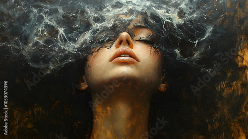 Abstract Artistic Portrait of a Woman with a Distorted Black Brushstroke Mask Across Her Eyes, Featuring Moody Colors and Expressive Lighting in a Surreal Conceptual Style