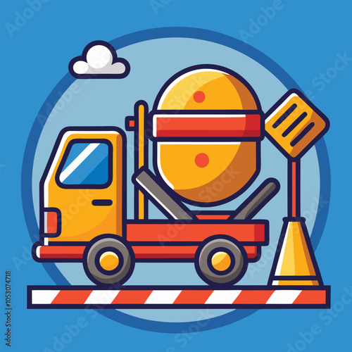 A cartoon illustration of a cement mixer truck on a construction site.