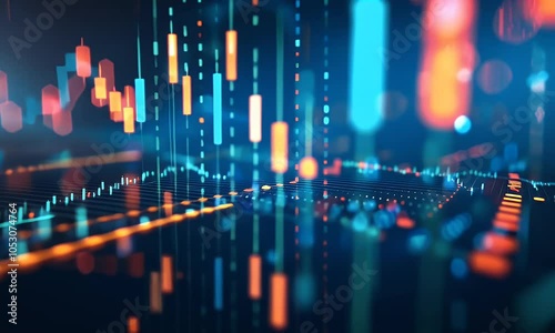 A stock market graph with candles and bar charts on an abstract digital background, representing financial data or trading in the business world. The blue color scheme adds sophistication