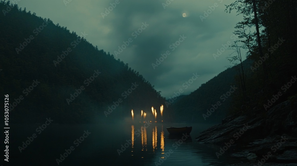 Fototapeta premium Night Reflections on a Calm River with Soft Lighting