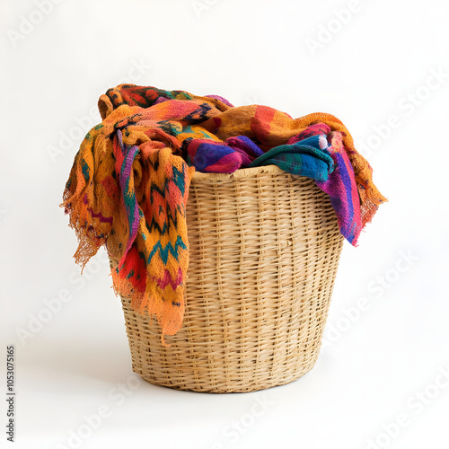 Woven Straw Basket Filled with Vibrant, Multicolored Knit Fabric in a Bright, Minimalist Setting