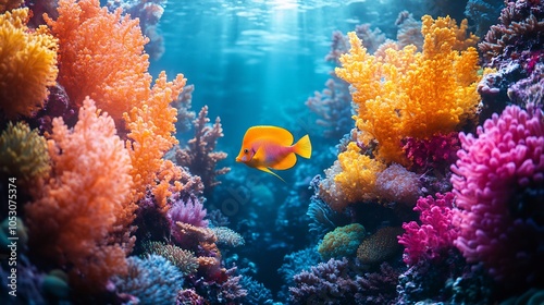 Coral reef scene with a trumpetfish swimming through the vibrant underwater plants surrounded by aquatic life as the tide gently moves the soft corals in a colorful ocean setting photo