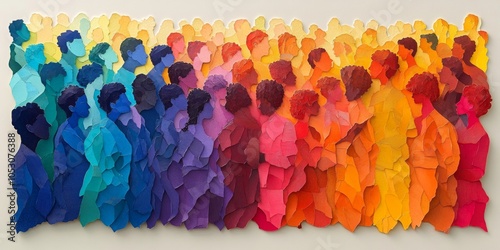 Vibrant paper cut of a diverse crowd united in harmony, showcasing a celebration of community and togetherness through colorful artistry photo