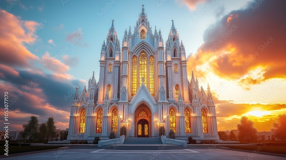 A grand gothic cathedral with intricate details and stained glass windows at sunset A grand gothic cathedral with intricate details and stained glass windows at sunset