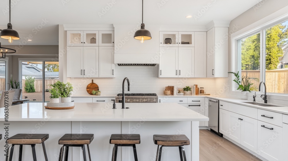 Fototapeta premium A modern kitchen featuring white cabinets, a central island with stools, and large windows that bring in natural light.