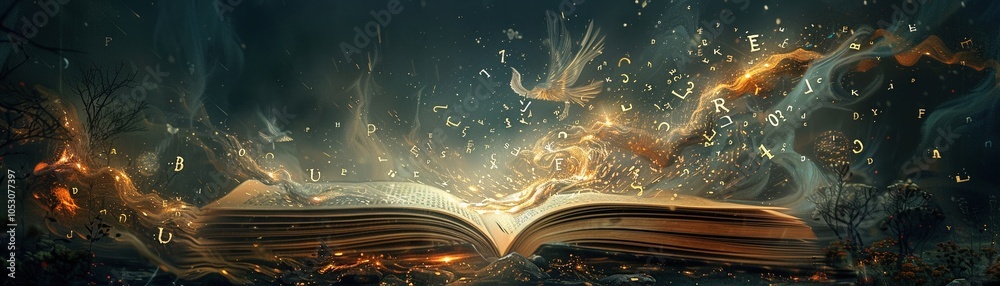 Obraz premium An enchanted book opening to release a whirlwind of letters and symbols