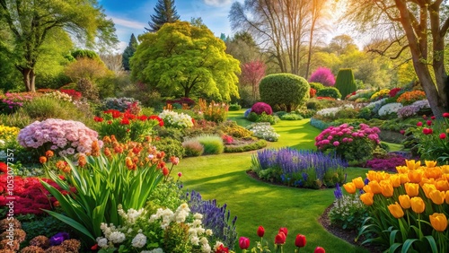 A blooming garden in spring with vibrant flowers and lush greenery, growth, flora, blooming, scenery, botanical