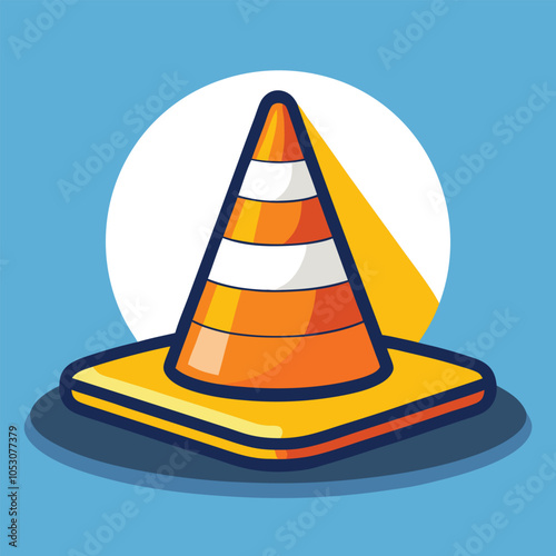 A cartoon illustration of a traffic cone with white stripes on an orange background. 
