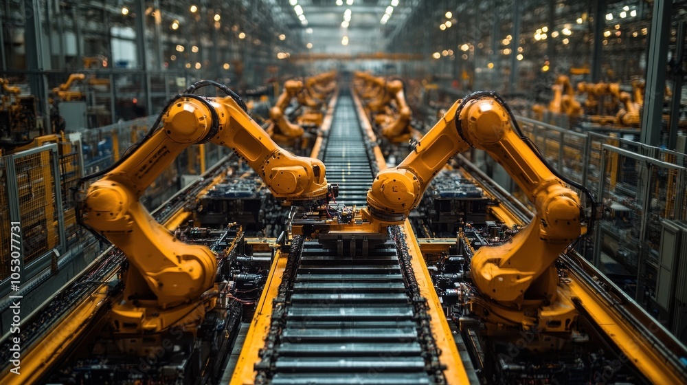 Industrial robots working on an assembly line in a factory. Industrial robots working on an assembly line in a factory.