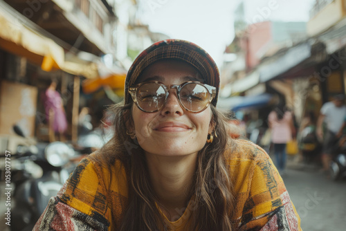 Young woman in a vibrant cap and sunglasses enjoys a sunny day in a bustling market street with colorful stalls and lively atmosphere