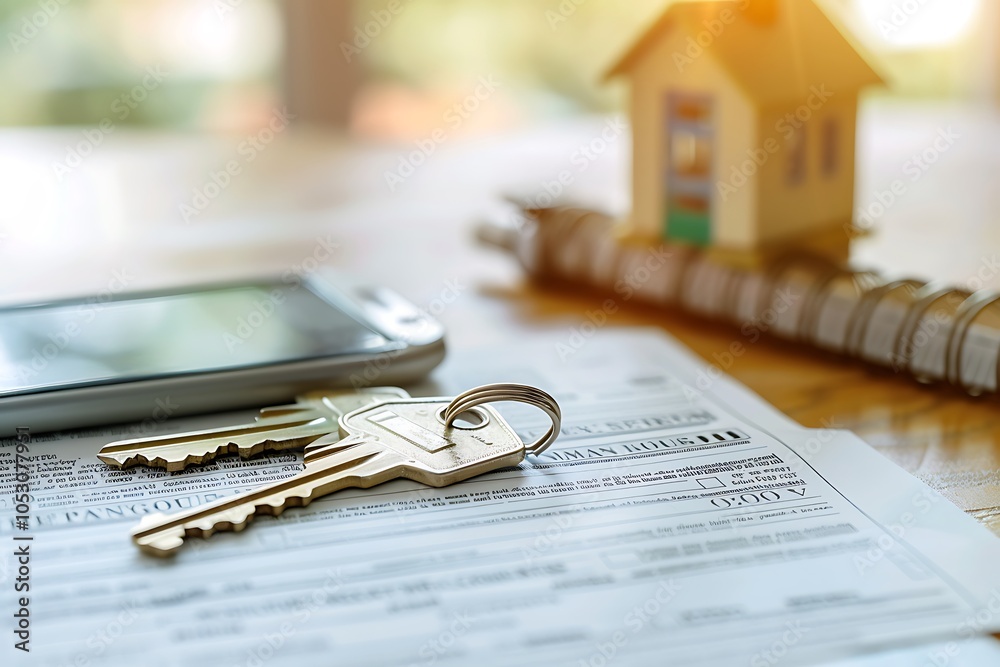 House keychain and keys on the background of real estate contract. House keychain and keys on the background of real estate contract.
