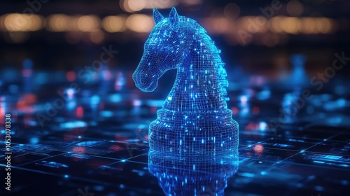A glowing blue digital knight chess piece on a dark background with blurred lights.