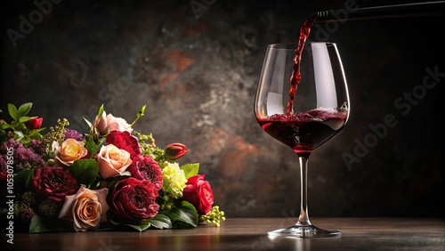 A bottle of dark wine is slowly poured into a crystal glass, releasing a bouquet of complex flavors and aromas, aromatic flavors, home bar, wine pouring, luxurious tablescape, crystal glass photo